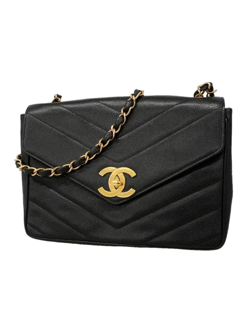Chanel Shoulder Bag V-stitch Caviar Leather Black Gold